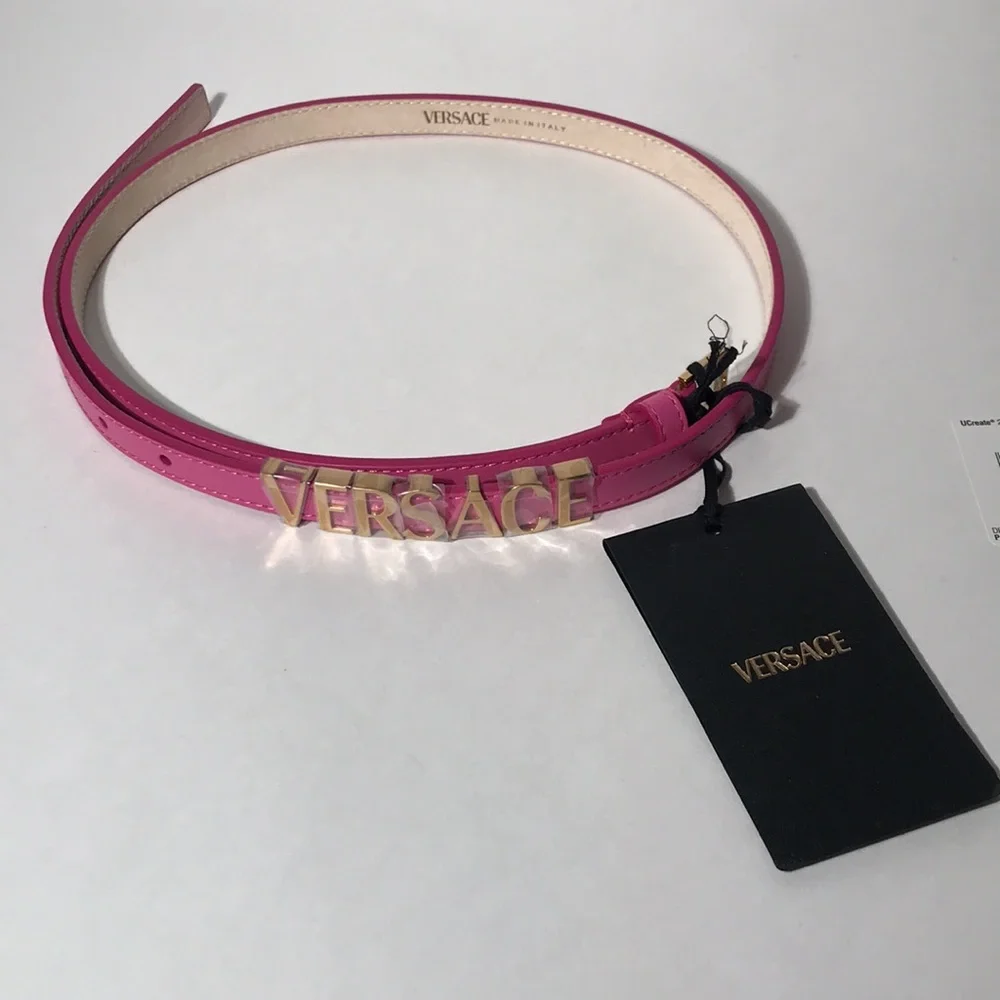 New Authentic Versace Pink Logo Leather Bracelet